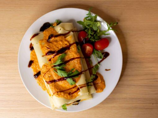 A photo of the dish Fresh lasagne with aubergine and rucola