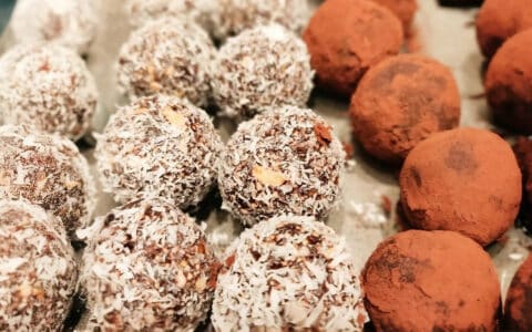 Protein power balls with coconut splits and chocolate