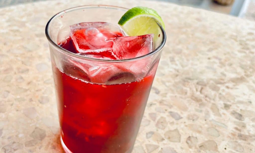 A glass of hibiscus infusion on ice