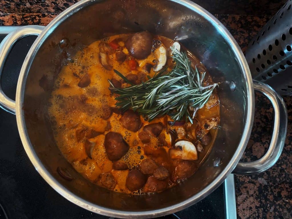 simmering pot of goulash in with soy protein 