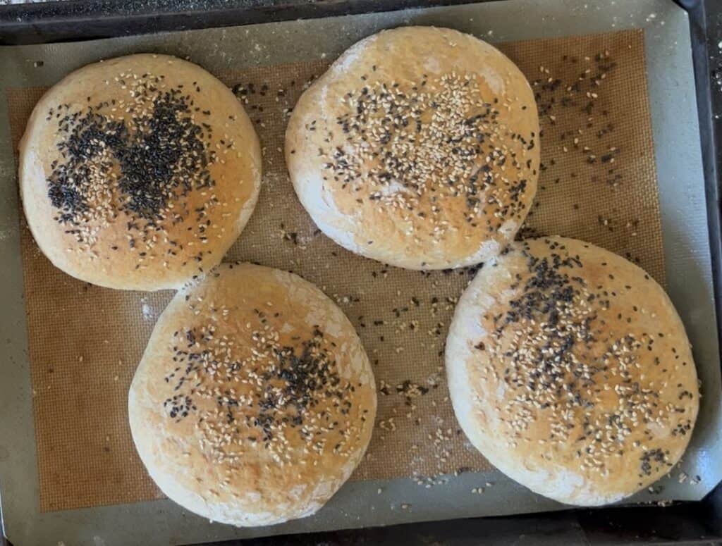 A photo showing the four freshly baked döner bread rolls, taken straight out of the oven