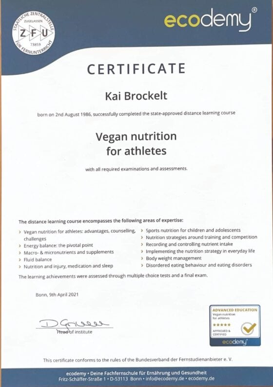 Certification vegan nutrtition for athletes