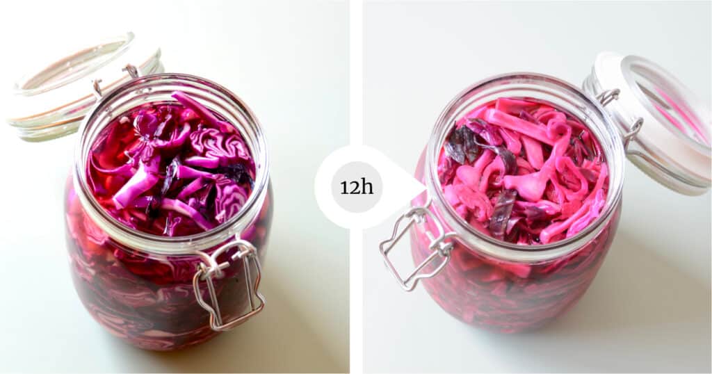 before and after comparison for pickling red cabbage. After 12 hours, the color is bright and even.