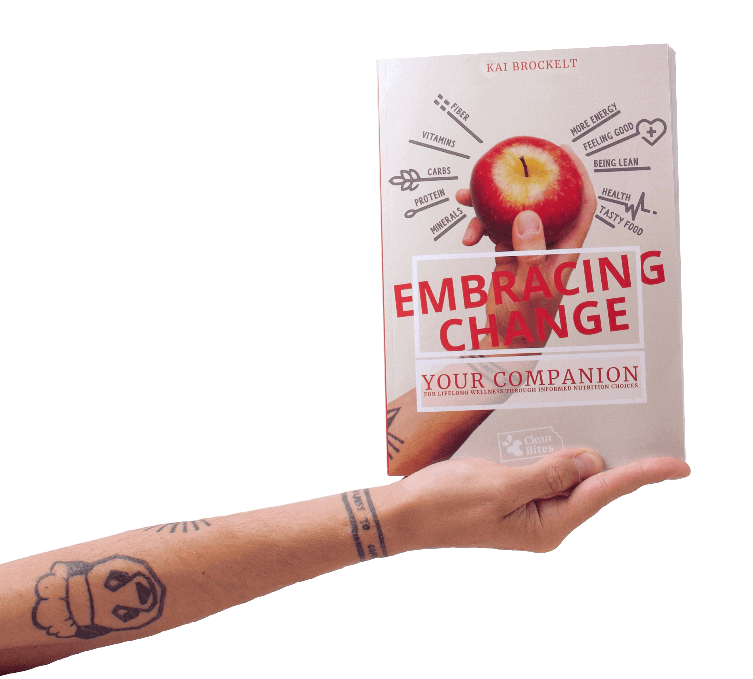 The book "Embracing change" held by the hand of the author